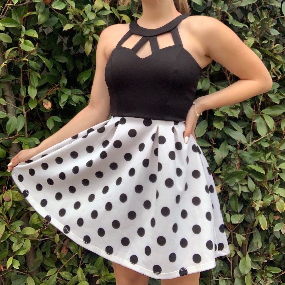 Black & White High Neck Polka Dot Dress